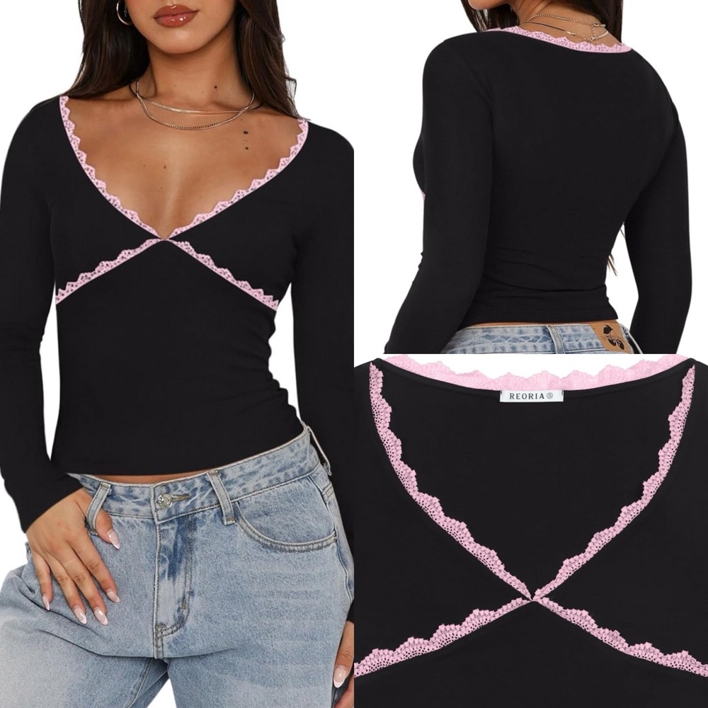 REORIA Lace Trim Long Sleeve Top